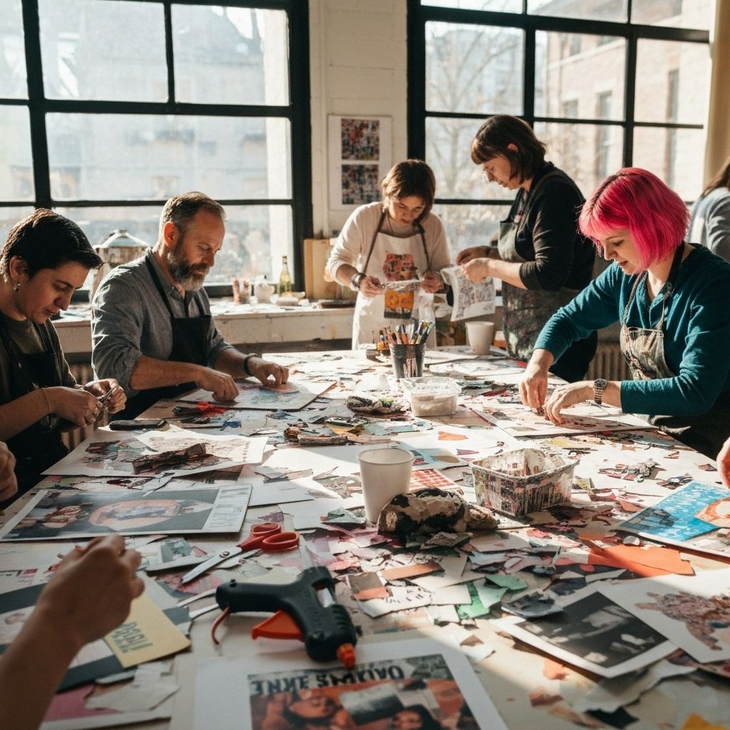 Collage art workshop with colorful papers at Wild Goat Creative Studio in Antwerp